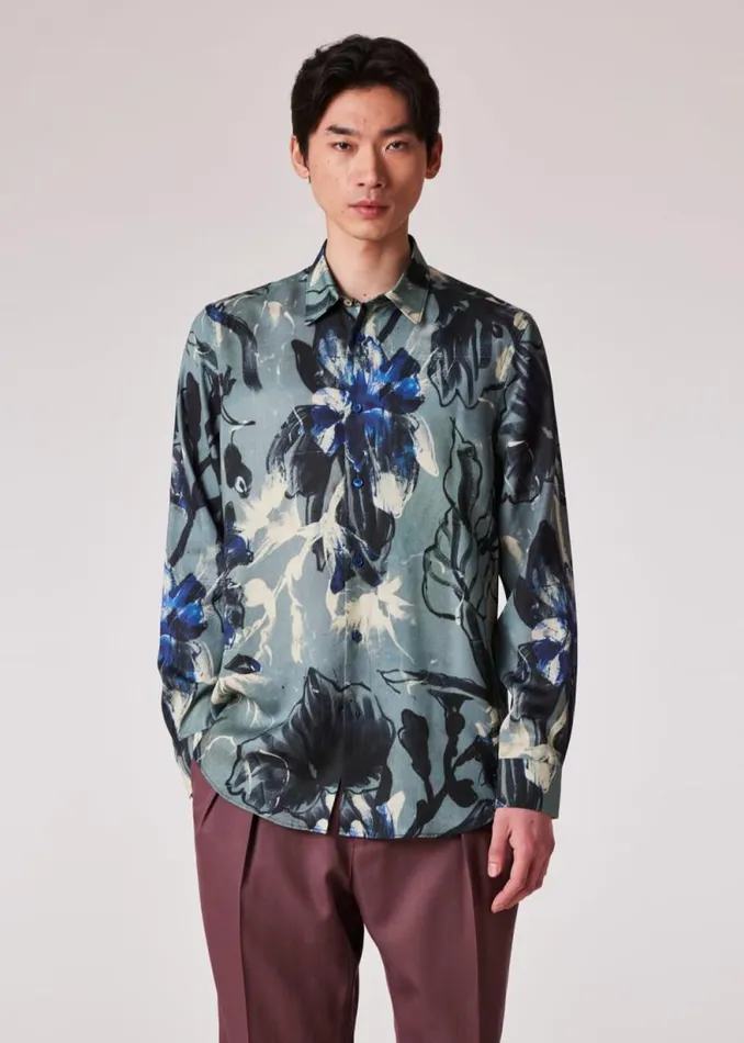 Mens Paul Smith Shirts Blue 039Leaf039 Print Lyocell Shirt