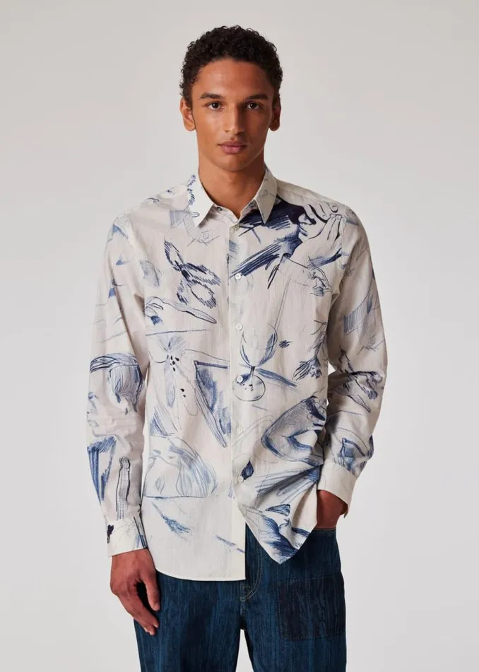 Mens Paul Smith Shirts Ecru 039Sketchbook039 Print Cotton Shirt