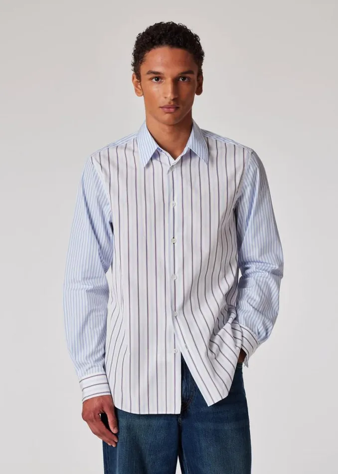 Mens Paul Smith Shirts Light Blue MixUp Stripe Cotton Shirt