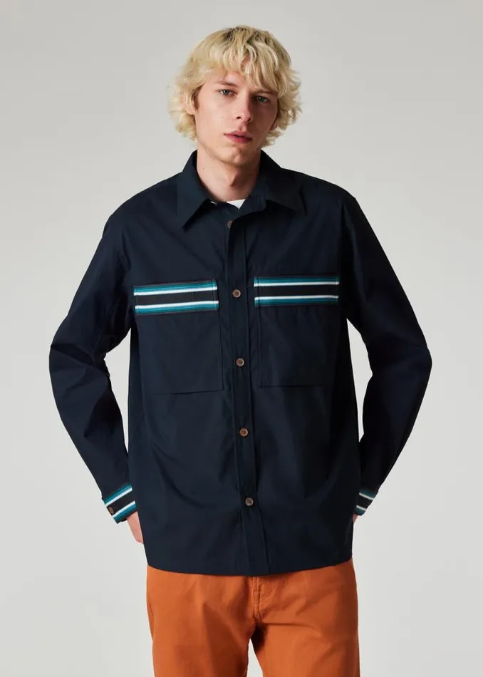 Mens Paul Smith Shirts Navy CottonBlend Overshirt With Stripe Tape