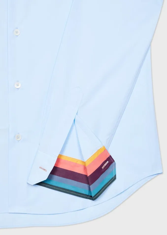 Mens Paul Smith Shirts SlimFit Sky Blue Poplin Cotton Shirt With 039Artist Stripe039 Cuff Lining