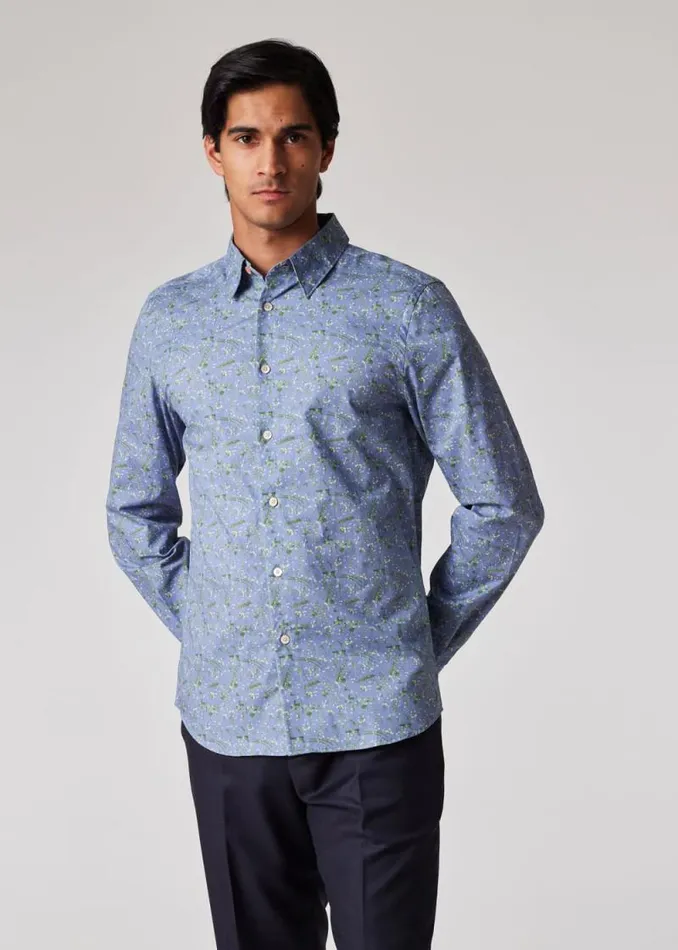 Mens Paul Smith Shirts TailoredFit Blue 039Runner Bean039 Print Shirt