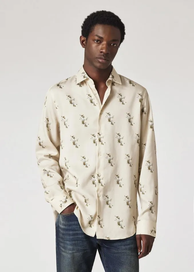 Mens Paul Smith Shirts TailoredFit Ecru Floral Print Lyocell Shirt