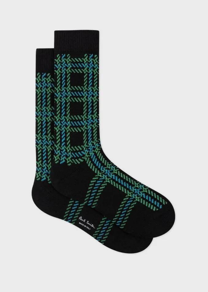 Mens Paul Smith Socks Black Cotton And WoolBlend Check Socks