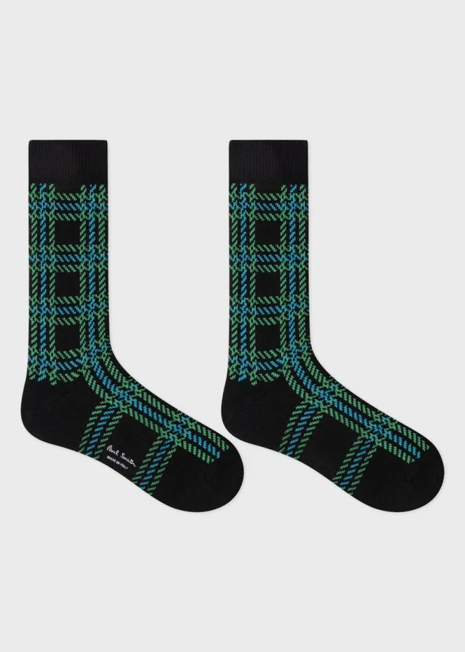 Mens Paul Smith Socks Black Cotton And WoolBlend Check Socks
