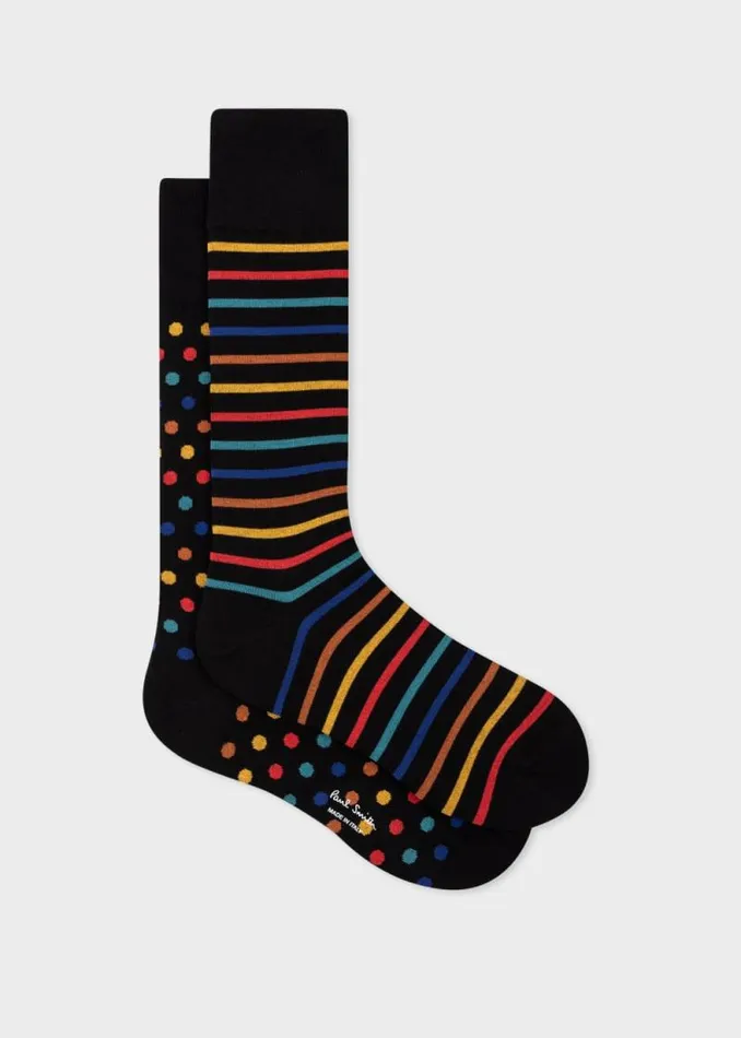 Mens Paul Smith Socks Black Mismatched 039Artist Stripe and Dot039 Socks