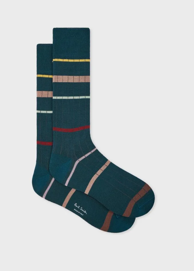 Mens Paul Smith Socks Dark Teal Spaced Stripe Ribbed Socks