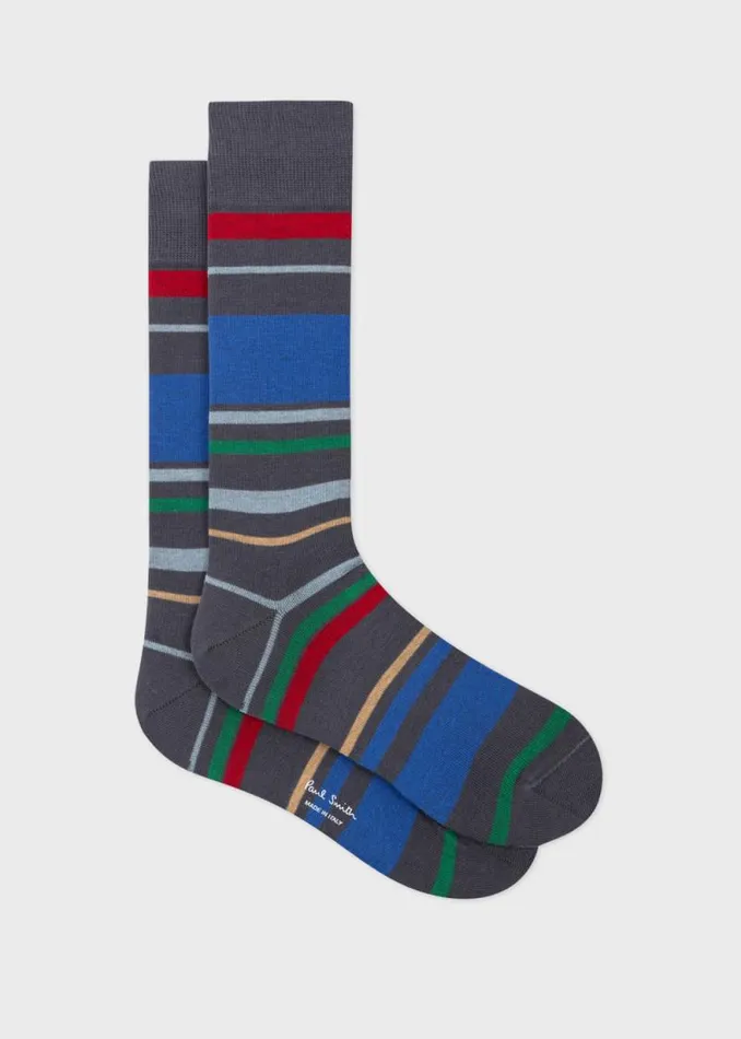 Mens Paul Smith Socks Grey And Sky Blue Varied Stripe Socks