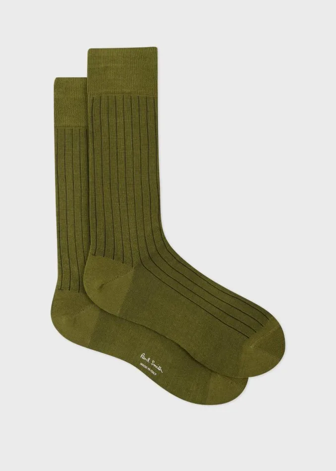 Mens Paul Smith Socks Khaki Ribbed CottonBlend Socks
