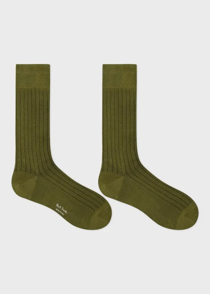 Mens Paul Smith Socks Khaki Ribbed CottonBlend Socks