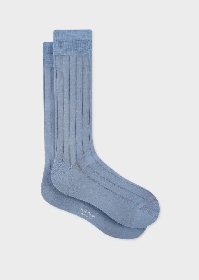 Mens Paul Smith Socks Light Blue Mercerised CottonBlend Ribbed Socks