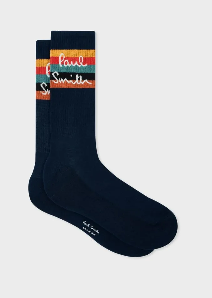 Mens Paul Smith Socks Navy 039Artist Stripe039 Logo Socks