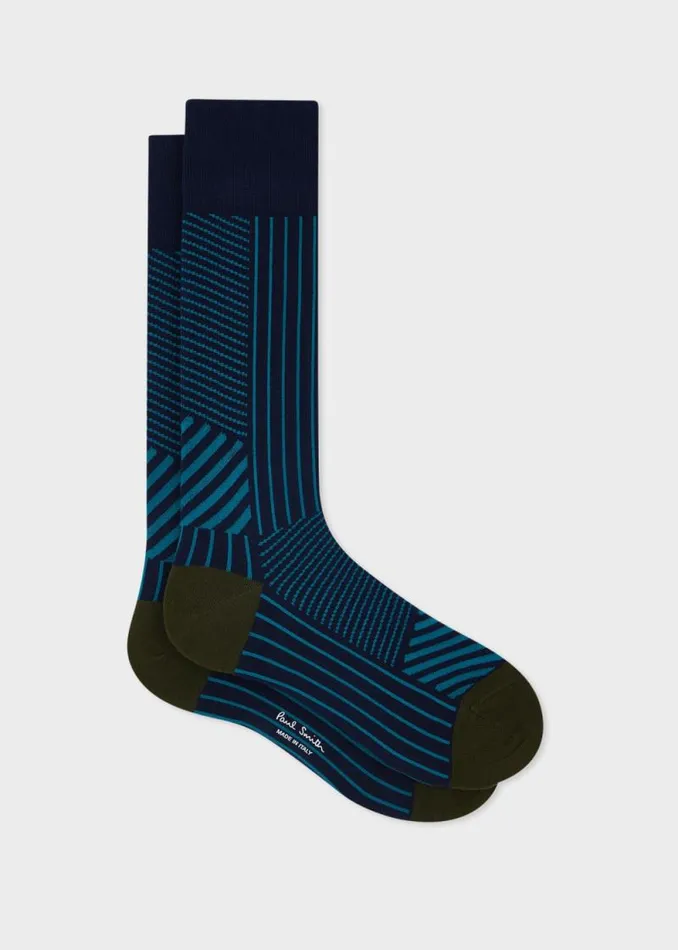 Mens Paul Smith Socks Navy And Green Mixed Stripe Socks
