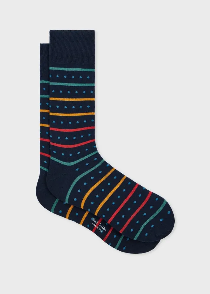 Mens Paul Smith Socks Navy Blue CottonBlend Polka Dot Stripe Socks