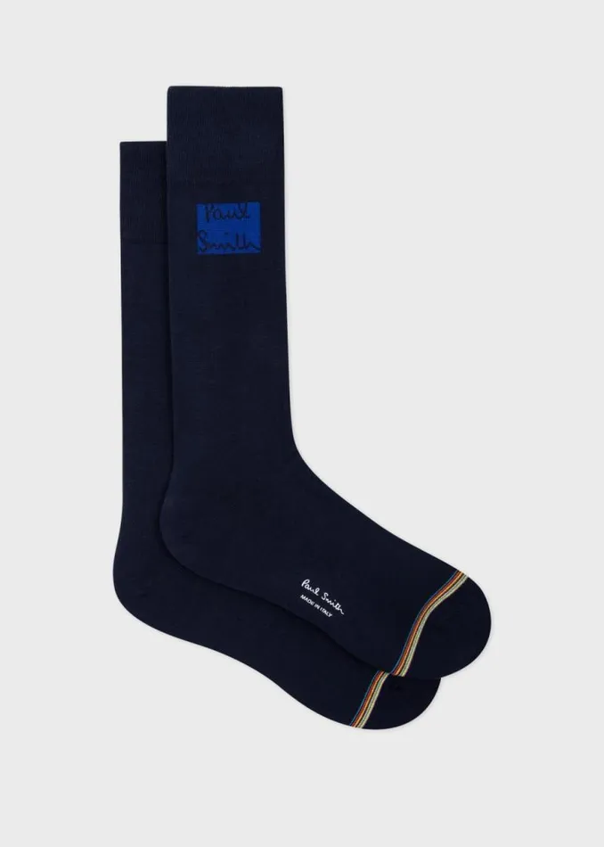 Mens Paul Smith Socks Navy CottonBlend Logo Socks