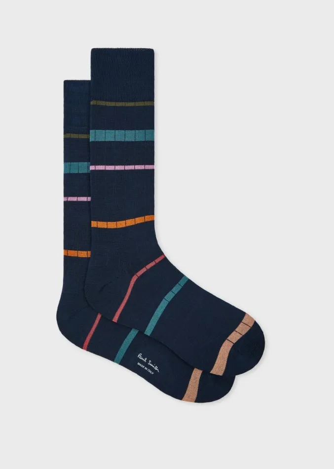 Mens Paul Smith Socks Navy Spaced Stripe Ribbed Socks