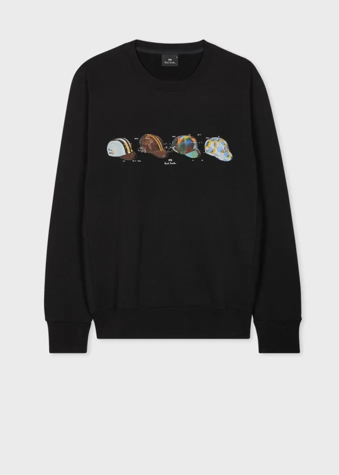 Mens Paul Smith Sweatshirts and Hoodies Black Organic Cotton 039Cycling Caps039 Print Sweatshirt