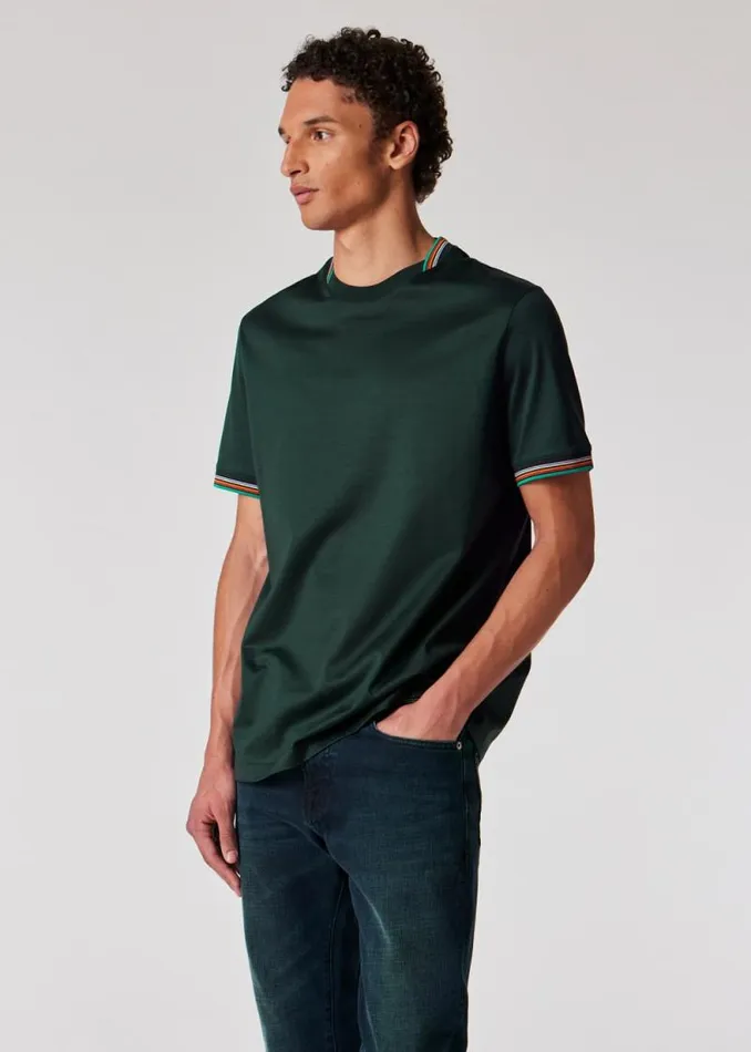 Mens Paul Smith TShirts Dark Green Mercerised Cotton 039Signature Stripe039 Trim TShirt