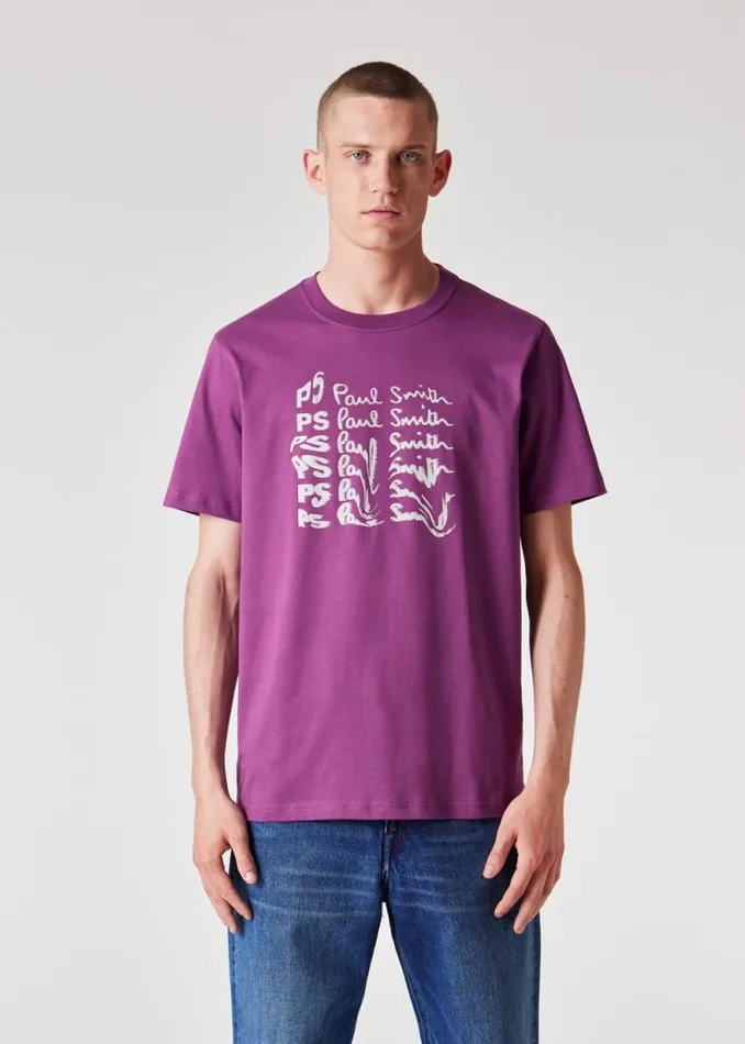 Mens Paul Smith TShirts Purple OrganicCotton 039Waved Repeat Logo039 Print TShirt