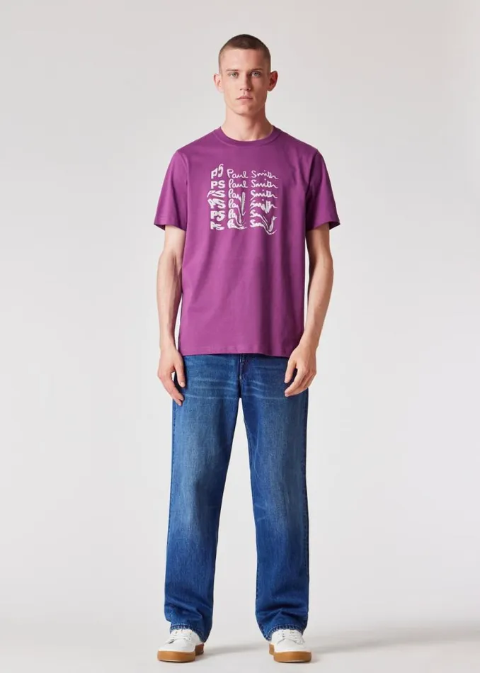 Mens Paul Smith TShirts Purple OrganicCotton 039Waved Repeat Logo039 Print TShirt
