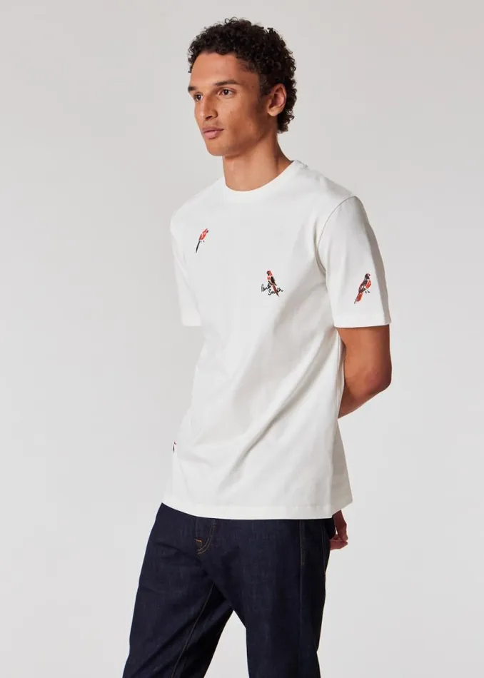 Mens Paul Smith TShirts White Embroidered 039Bird039 Cotton TShirt