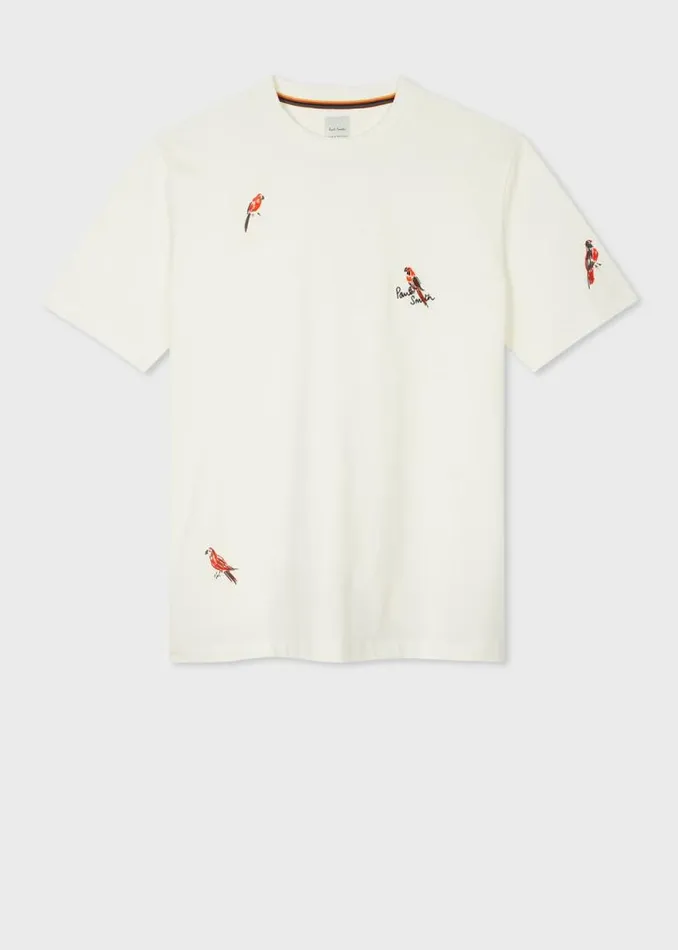 Mens Paul Smith TShirts White Embroidered 039Bird039 Cotton TShirt