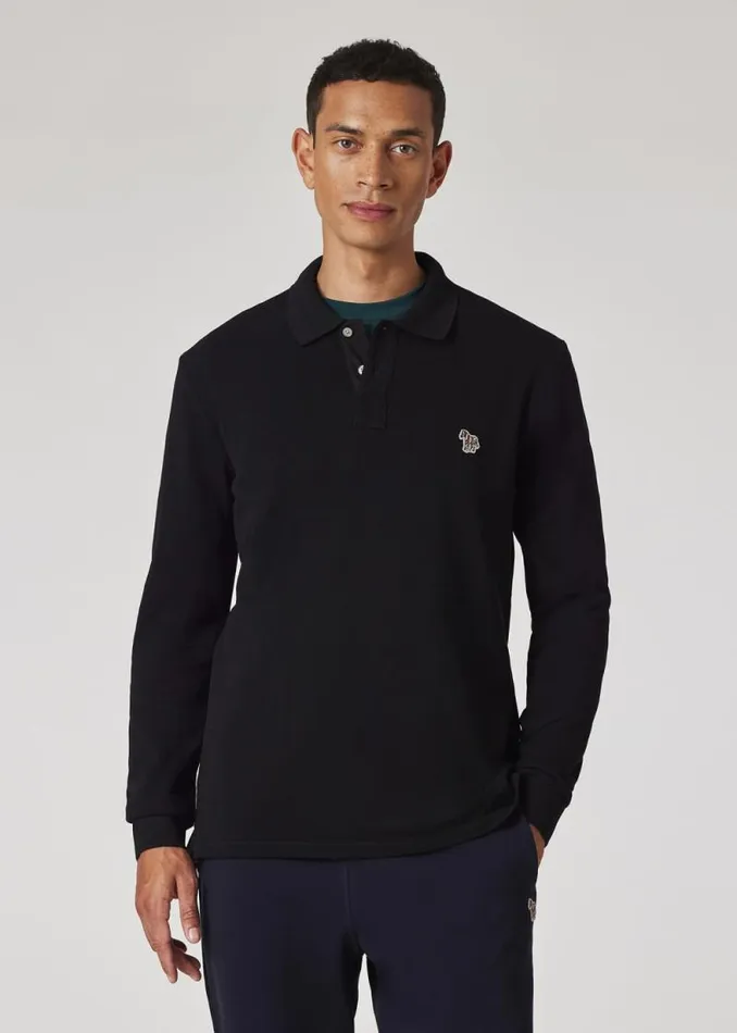 Mens Paul Smith The Classics Black Cotton Zebra Logo LongSleeve Polo Shirt