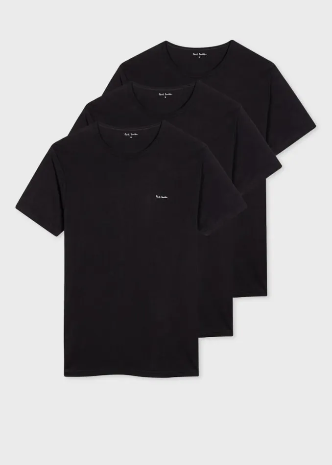 Mens Paul Smith Underwear Black Logo Organic Cotton Logo Lounge TShirts Three Pack