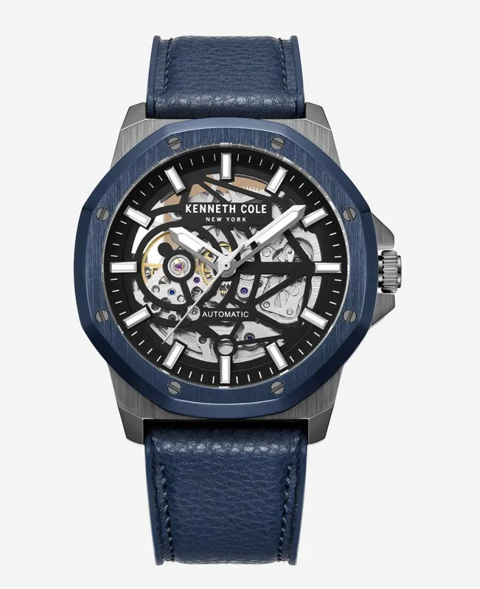 Mens Watches Men Kenneth Cole Automatic TwoTone Leather Strap Watch Blue