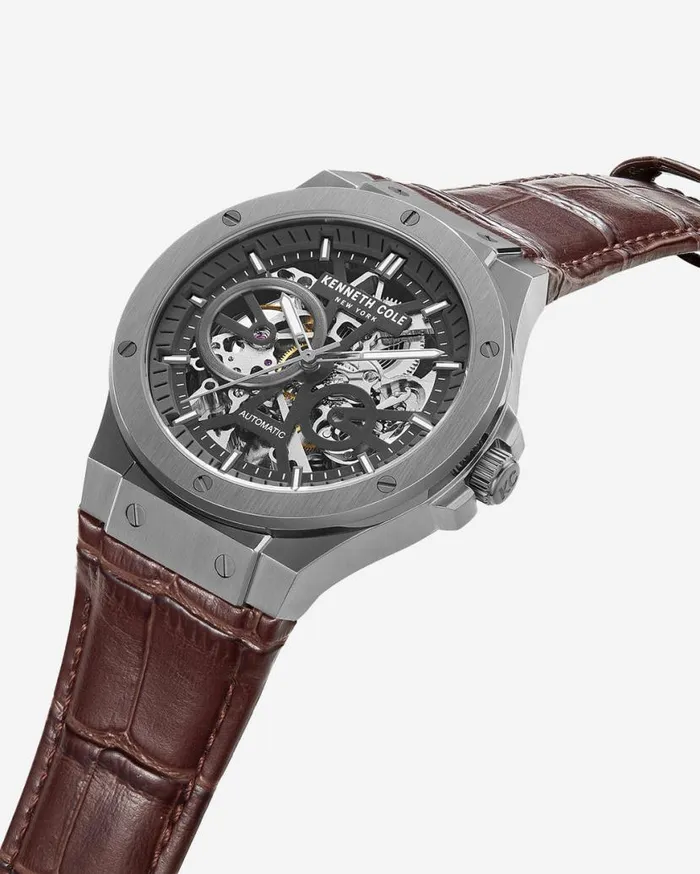 Mens Watches Men Kenneth Cole Kenneth Cole New York Automatic Gunmetal Watch With Brown Leather Strap Brown Mens Watches Men Kenneth Cole Kenneth Cole New York Automatic Gunmetal Watch With Brown Leather Strap Brown