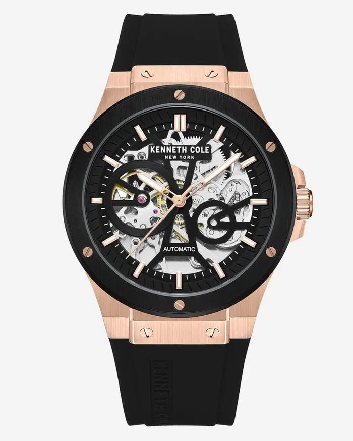 Mens Watches Men Kenneth Cole Kenneth Cole New York Automatic TwoTone Stainless Steel Watch With Black Leather Strap Black Mens Watches Men Kenneth Cole Kenneth Cole New York Automatic TwoTone Stainless Steel Watch With Black Leather Strap Black