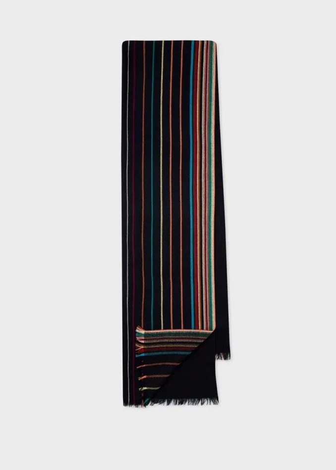 MensWomens Paul Smith Scarves Navy WoolSilk 039Signature Stripe039 Scarf