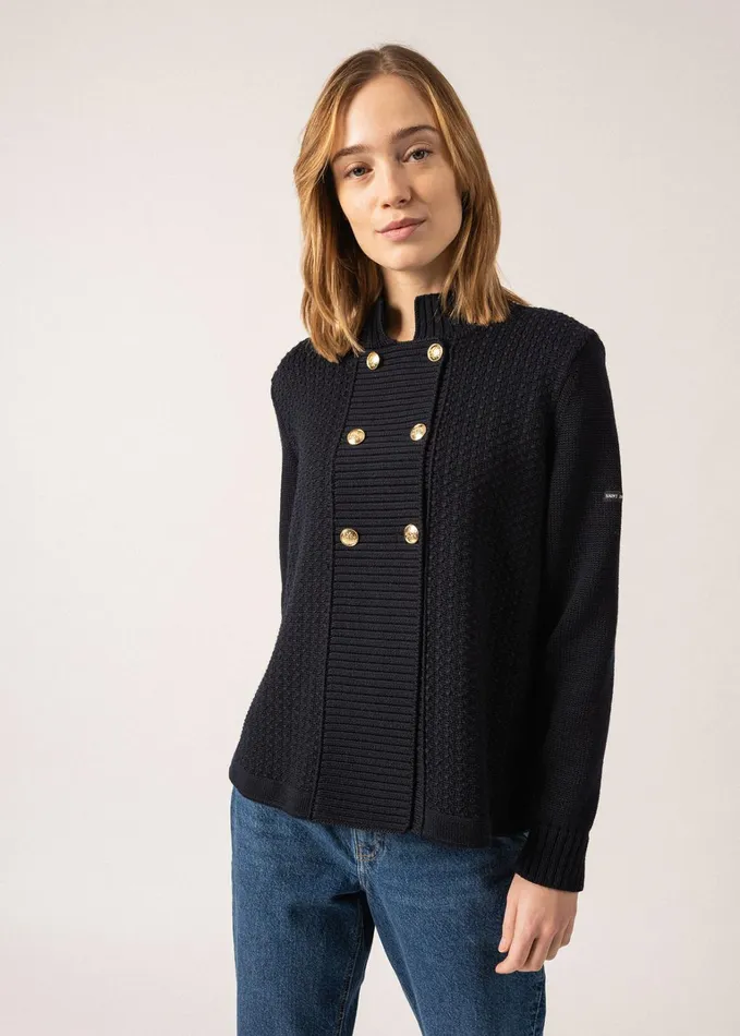 Meribel Knit Jacket With Gold Buttons Navy Women Saint James Coats and Raincoats