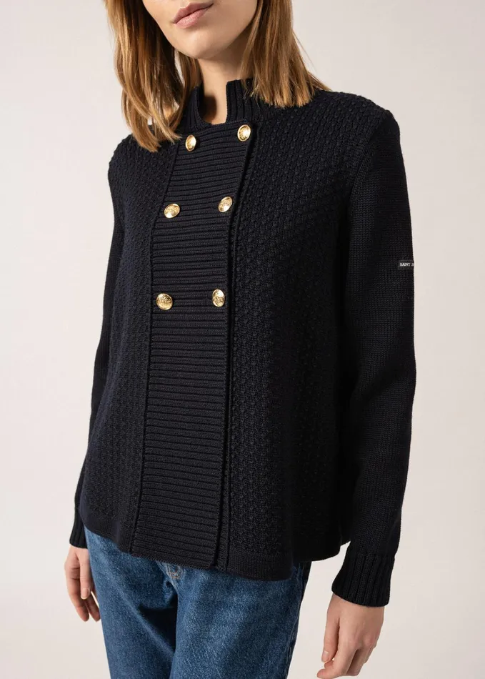 Meribel Knit Jacket With Gold Buttons Navy Women Saint James Coats and Raincoats