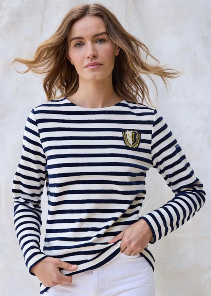 Meridame Campus Fancy Breton Shirt Top With Velvet Stripes And Vintage Crest Heavyweight Cotton Blend Ivorynavy Women Saint James Breton Striped Shirts Meridame Campus Fancy Breton Shirt Top With Velvet Stripes And Vintage Crest Heavyweight Cotton Blend Ivorynavy Women Saint James Breton Striped Shirts