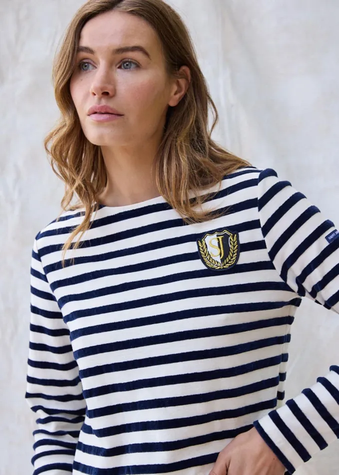 Meridame Campus Fancy Breton Shirt Top With Velvet Stripes And Vintage Crest Heavyweight Cotton Blend Ivorynavy Women Saint James Breton Striped Shirts