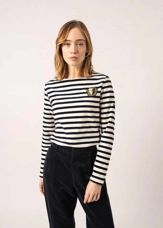 Meridame Campus Fancy Breton Shirt Top With Velvet Stripes And Vintage Crest Heavyweight Cotton Blend Ivorynavy Women Saint James Breton Striped Shirts