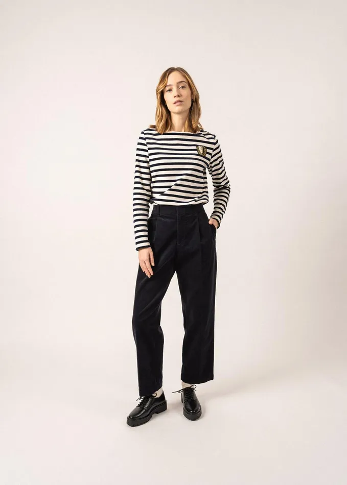 Meridame Campus Fancy Breton Shirt Top With Velvet Stripes And Vintage Crest Heavyweight Cotton Blend Ivorynavy Women Saint James Breton Striped Shirts