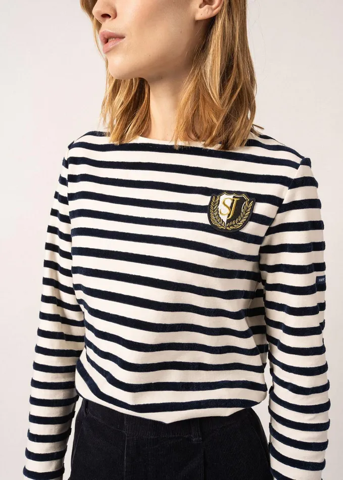 Meridame Campus Fancy Breton Shirt Top With Velvet Stripes And Vintage Crest Heavyweight Cotton Blend Ivorynavy Women Saint James Breton Striped Shirts