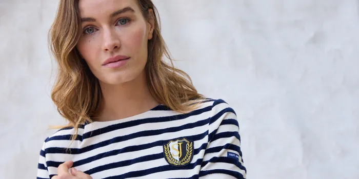 Meridame Campus Fancy Breton Shirt Top With Velvet Stripes And Vintage Crest Heavyweight Cotton Blend Ivorynavy Women Saint James Breton Striped Shirts