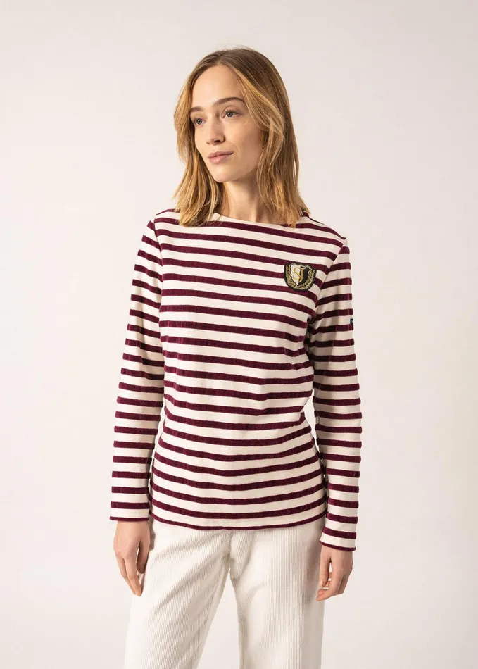 Meridame Campus Fancy Breton Shirt Top With Velvet Stripes And Vintage Crest Heavyweight Cotton Blend Ivoryplum Women Saint James Aw24 Meridame Campus Fancy Breton Shirt Top With Velvet Stripes And Vintage Crest Heavyweight Cotton Blend Ivoryplum Women Saint James Aw24