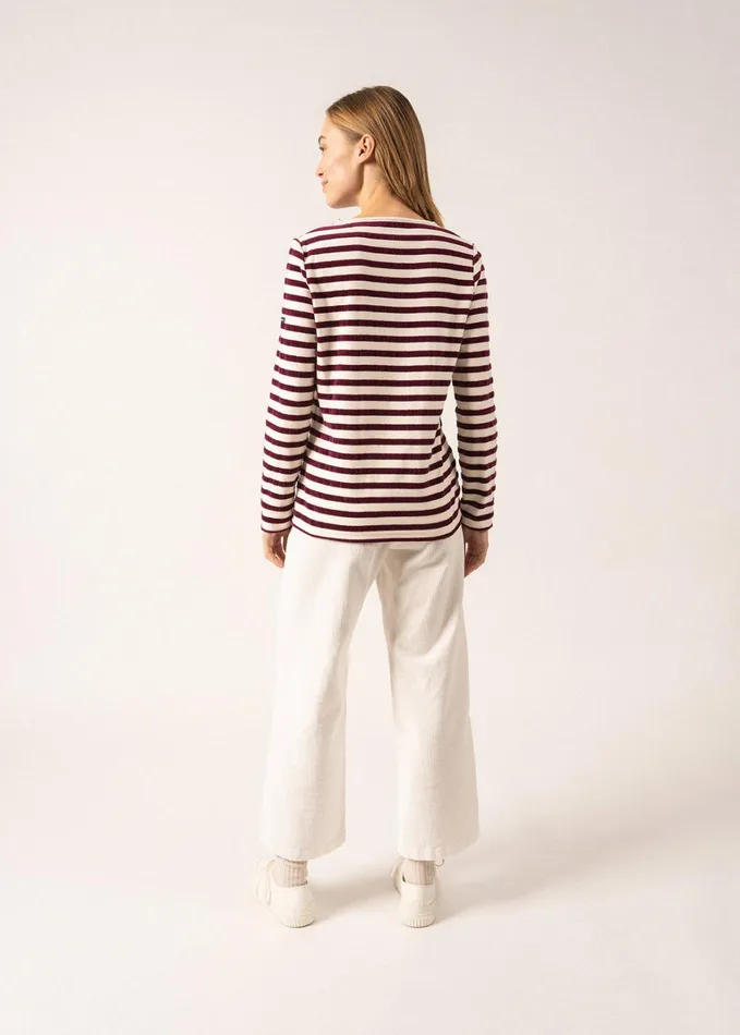 Meridame Campus Fancy Breton Shirt Top With Velvet Stripes And Vintage Crest Heavyweight Cotton Blend Ivoryplum Women Saint James Aw24