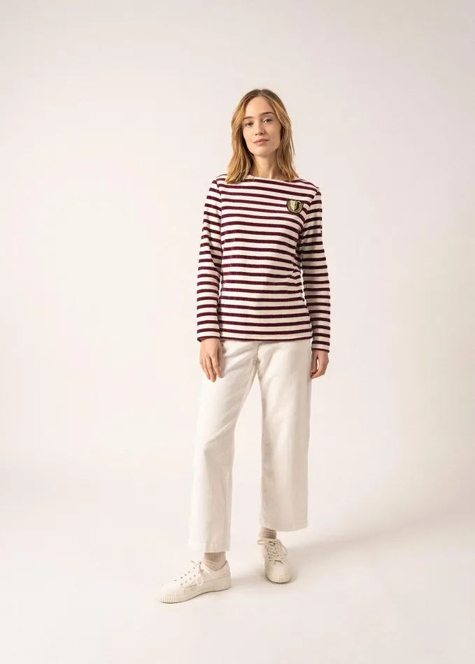 Meridame Campus Fancy Breton Shirt Top With Velvet Stripes And Vintage Crest Heavyweight Cotton Blend Ivoryplum Women Saint James Aw24