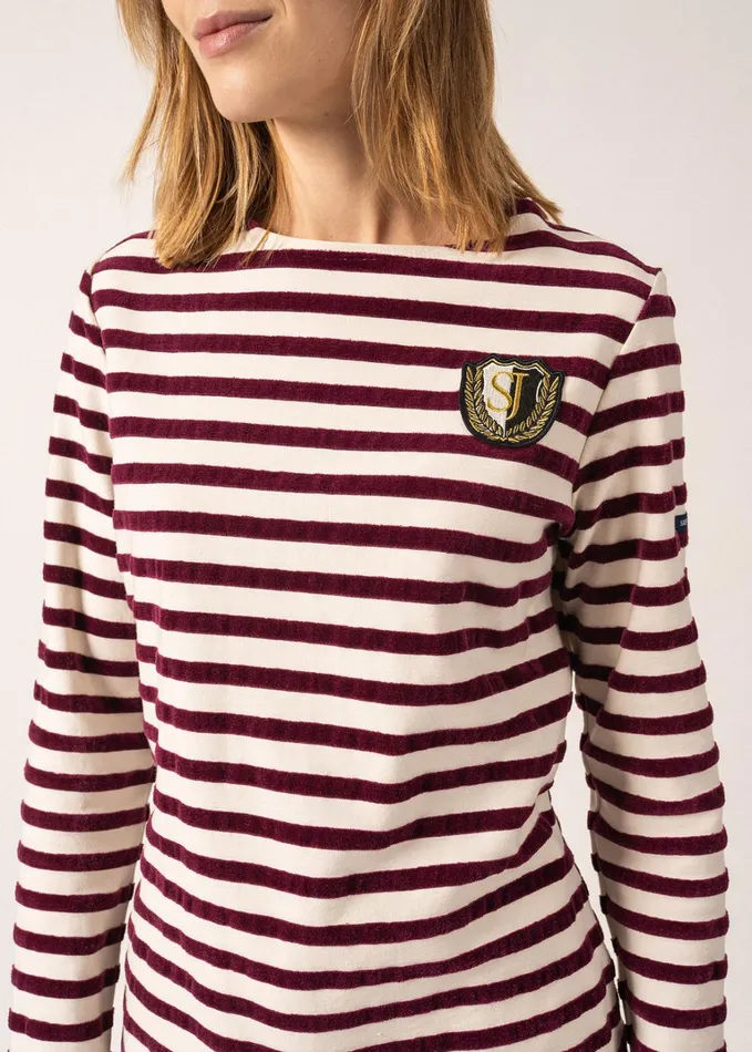 Meridame Campus Fancy Breton Shirt Top With Velvet Stripes And Vintage Crest Heavyweight Cotton Blend Ivoryplum Women Saint James Aw24