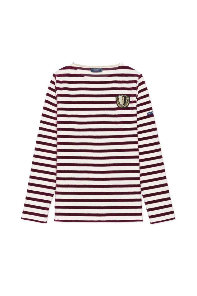 Meridame Campus Fancy Breton Shirt Top With Velvet Stripes And Vintage Crest Heavyweight Cotton Blend Ivoryplum Women Saint James Aw24