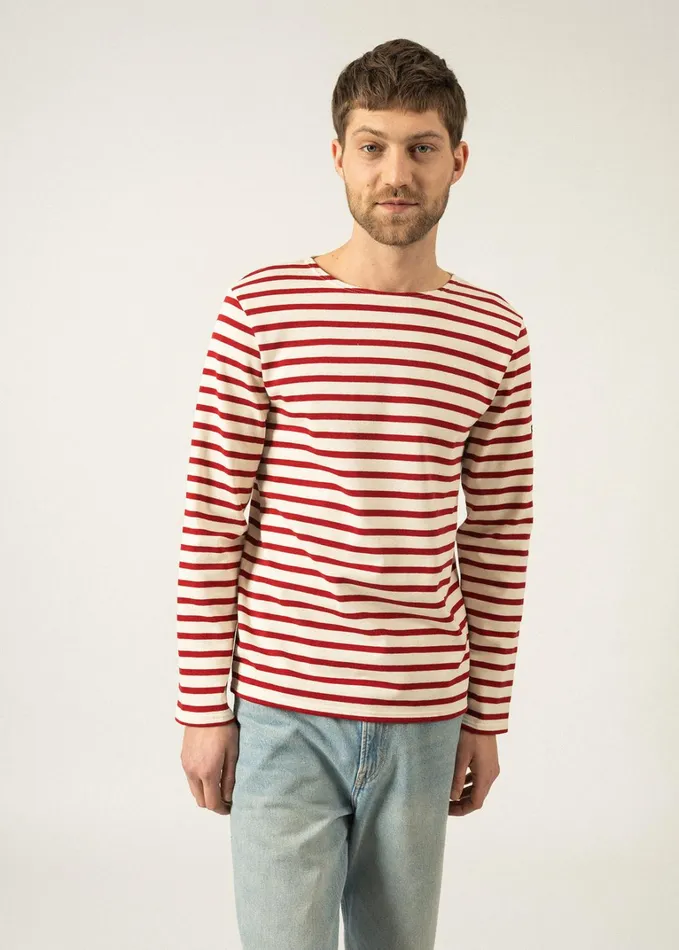 Meridien Moderne Original Breton Shirt Heavyweight Cotton Ecrumaroon Men Saint James Breton Striped Shirts