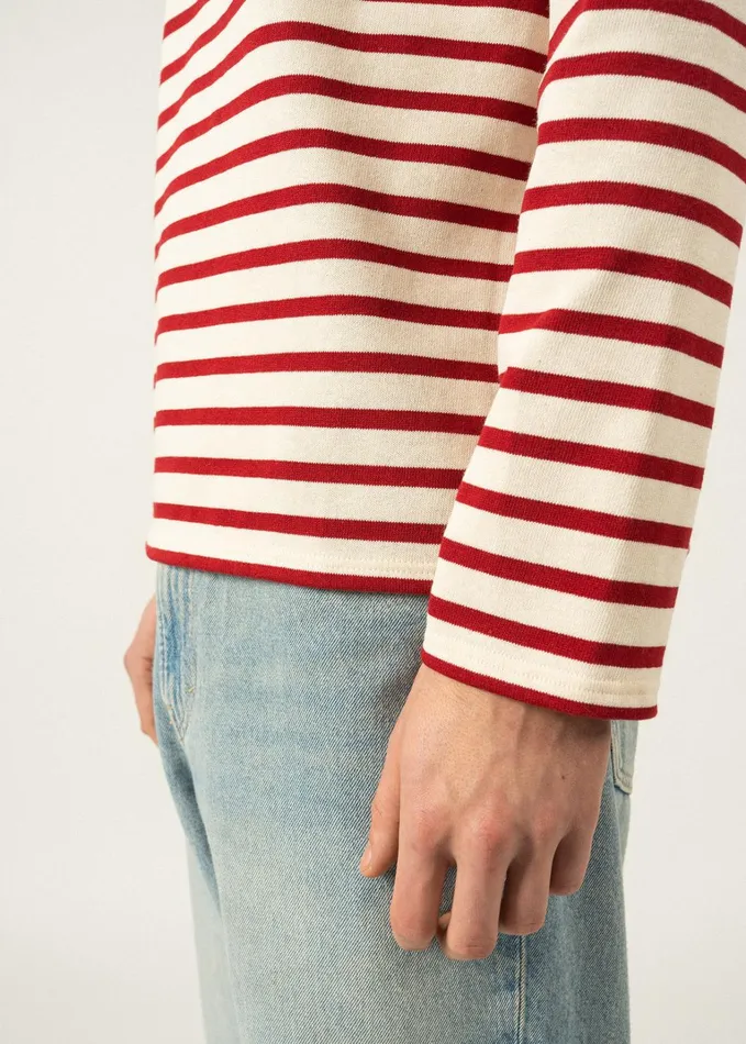 Meridien Moderne Original Breton Shirt Heavyweight Cotton Ecrumaroon Men Saint James Breton Striped Shirts