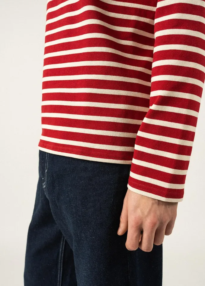 Meridien Moderne Original Breton Shirt Heavyweight Cotton Maroonecru Men Saint James Breton Striped Shirts