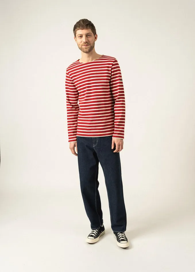 Meridien Moderne Original Breton Shirt Heavyweight Cotton Maroonecru Men Saint James Breton Striped Shirts