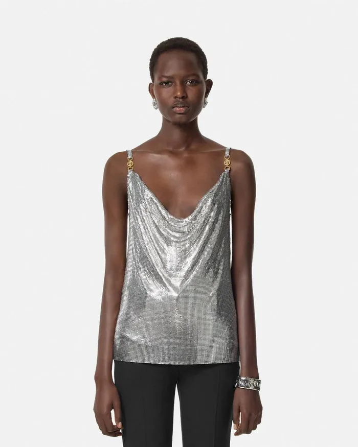 Metal Mesh Camisole Top Silver Women Versace Shirts and Tops